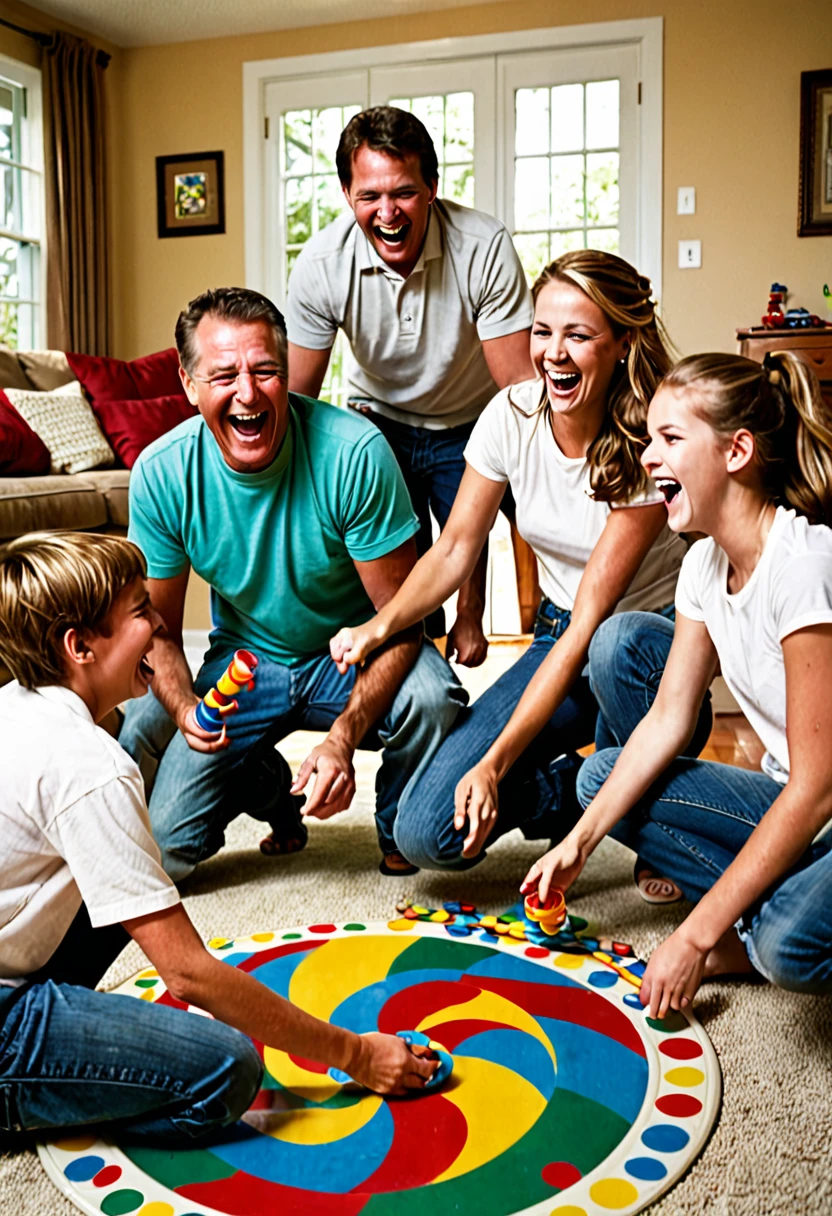 Father, mother, a teenage boy, a middle son and an daughter, playing twister and laughing in the living room of a house