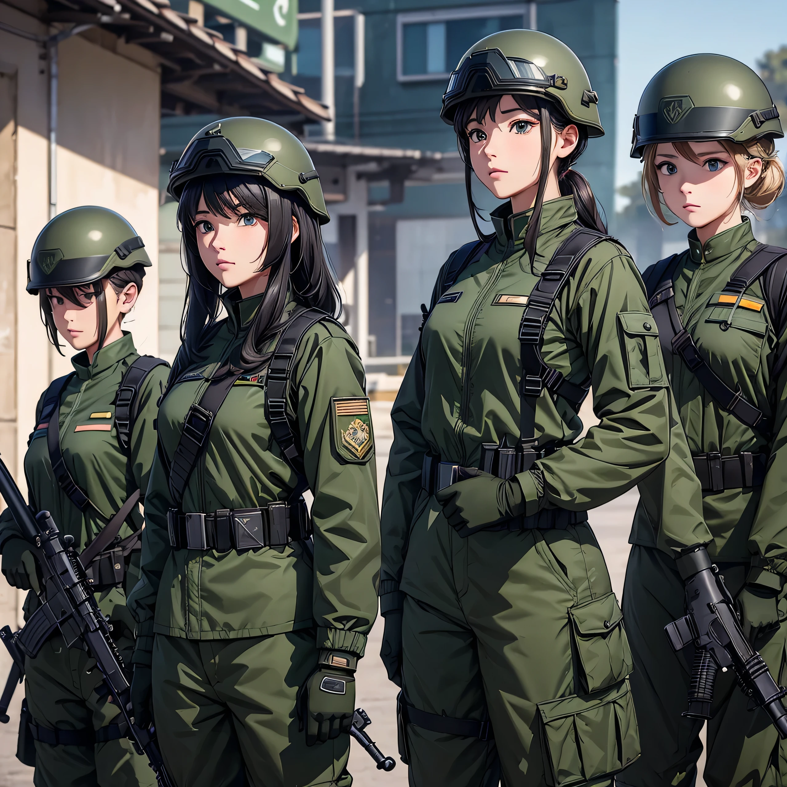 Five female soldiers stood guard and questioned、Wearing dark green jacket uniform、Military Pants、Put on a helmet、wear gloves、with rifle in hands,Show only the upper thigh area。Troop camp,high resolution、best quality、8K picture quality