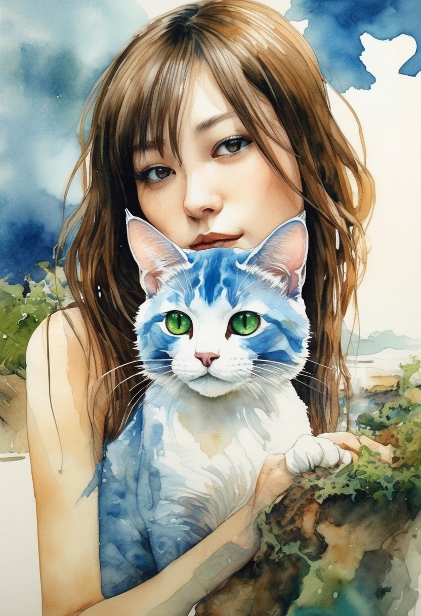 artwork by Katsuya Terada
8K, HD, intricate detailed masterpiece, (summer vaation:1.4), (cat and girl:1.1), transparent, glowing blue eyes, blue cat and palegreen eye ball, medium shot, blue hair, organic shapes, hard edges, anatomecly correct body,  hyper realistic, cat elegant,cinematic lighting, highly detailed, intense colors, octane rendered cat, surreal mood, award winning picture, glowing rich colors, iridiscent accents, dramatic shadows,dynamic and atmospheric lighting, anamorphic lens, sharp focus, 
intricate high detail masterpiece by Katsuya Terada, in the STYLE of Katsuya Terada, pop surrealism, watercolor , Fukuhara Haruka, 