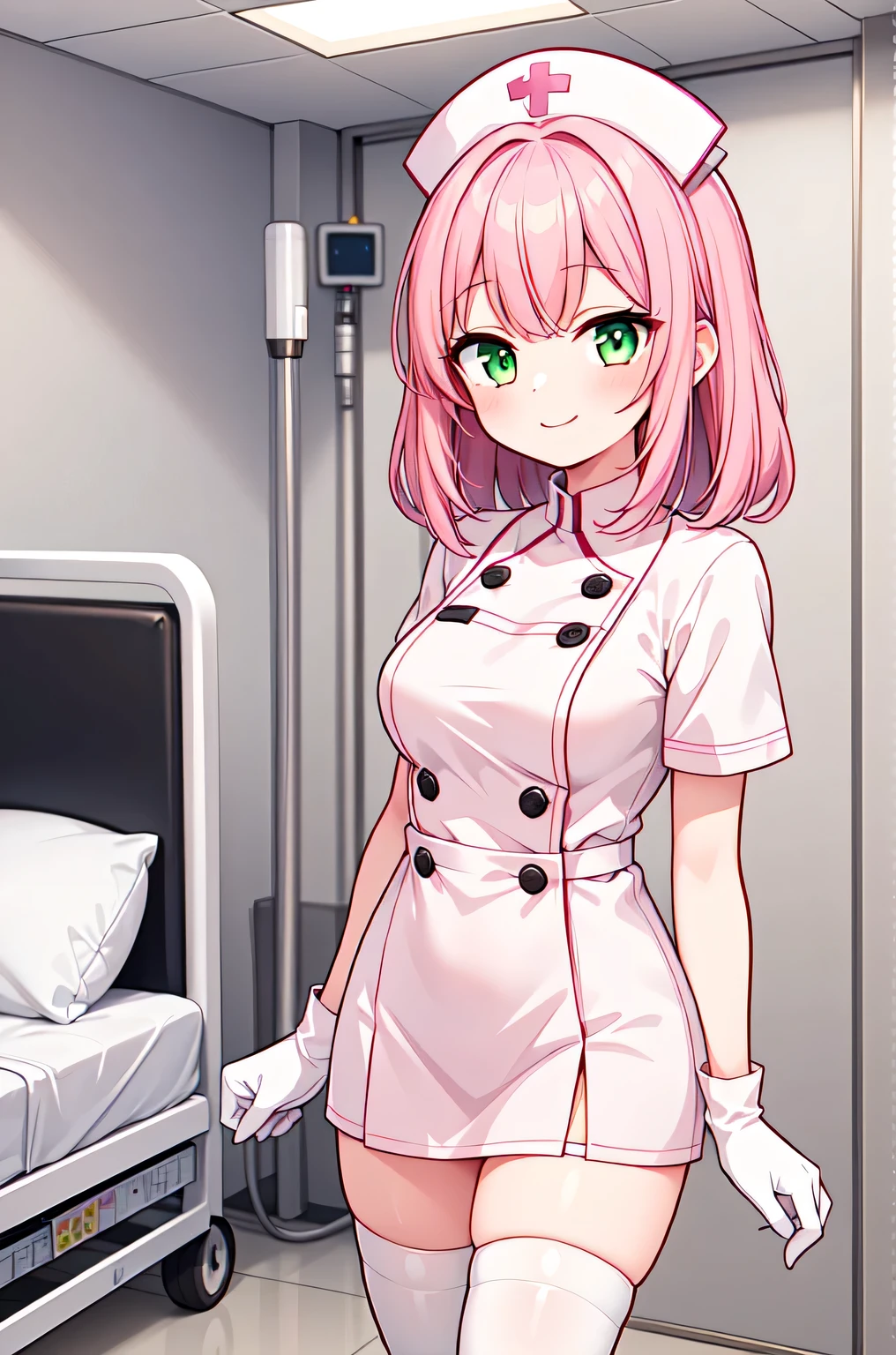 1girl, solo, nurse, white nurse cap, white nurse uniform, ((white legwear, zettai ryouiki)), white gloves, pink hair, green eyes, drooping eyes, smile, standing, ((hospital room)), sharp outline, short sleeves, best quality, masterpiece