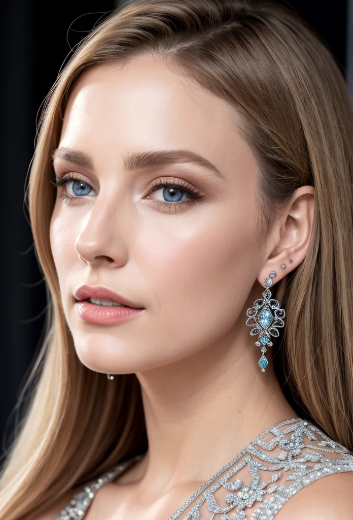 (masterpiece, best quality), intricate details, realistic, photorealistic, a close up of a woman wearing earrings, inspired by Emma Andijewska, draped in crystals, silver color, long earrings, sandra chevier, huge earrings, 2019, blue-eyed, platinum jewellery, earring, flawless structure, silver earring,  