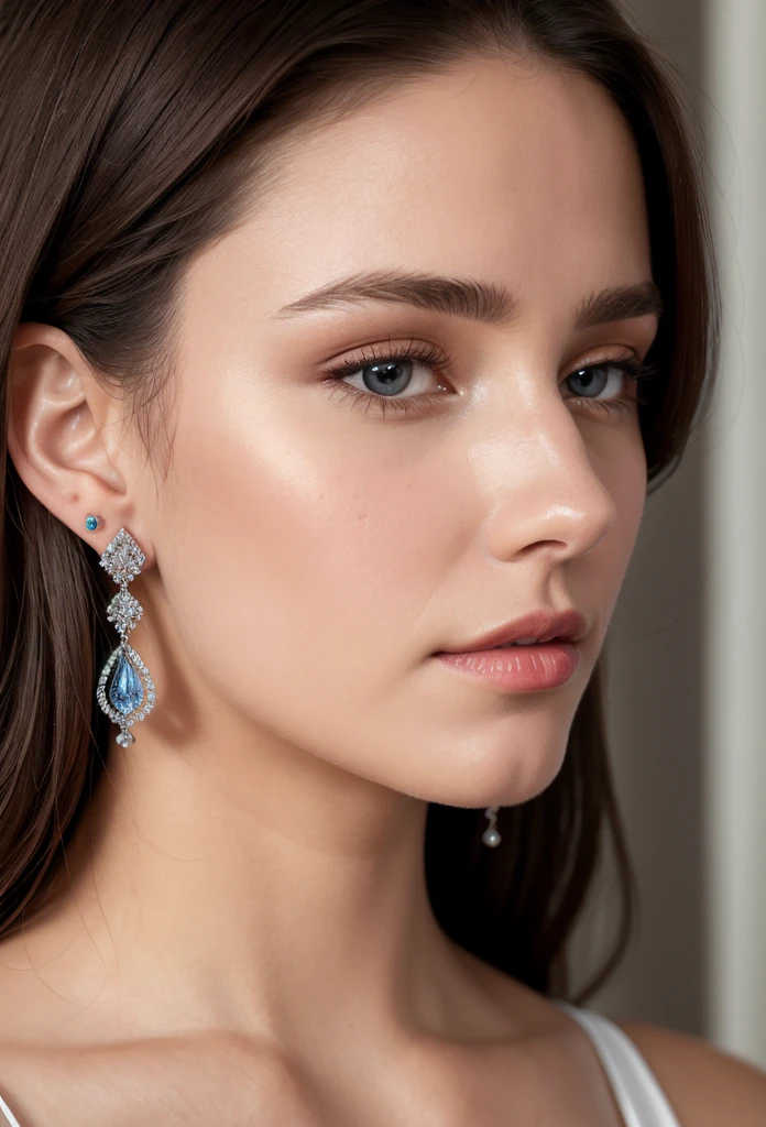 (masterpiece, best quality), intricate details, realistic, photorealistic, a close up of a woman wearing earrings, inspired by Emma Andijewska, draped in crystals, silver color, long earrings, sandra chevier, huge earrings, 2019, blue-eyed, platinum jewellery, earring, flawless structure, silver earring,  