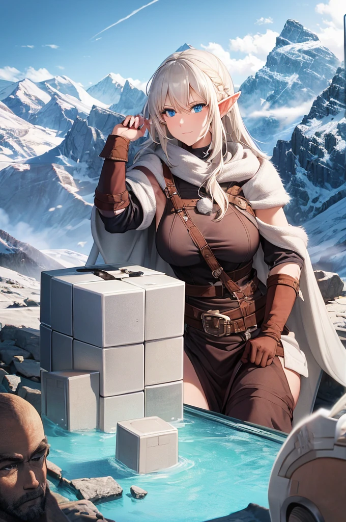 elf, dnd, north, mountains, with axe, winter, one person, (male), (press cubes), big booba

