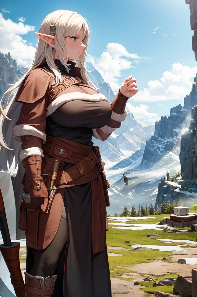 elf, dnd, north, mountains, with axe, winter, one person, (male), (press cubes), big booba

