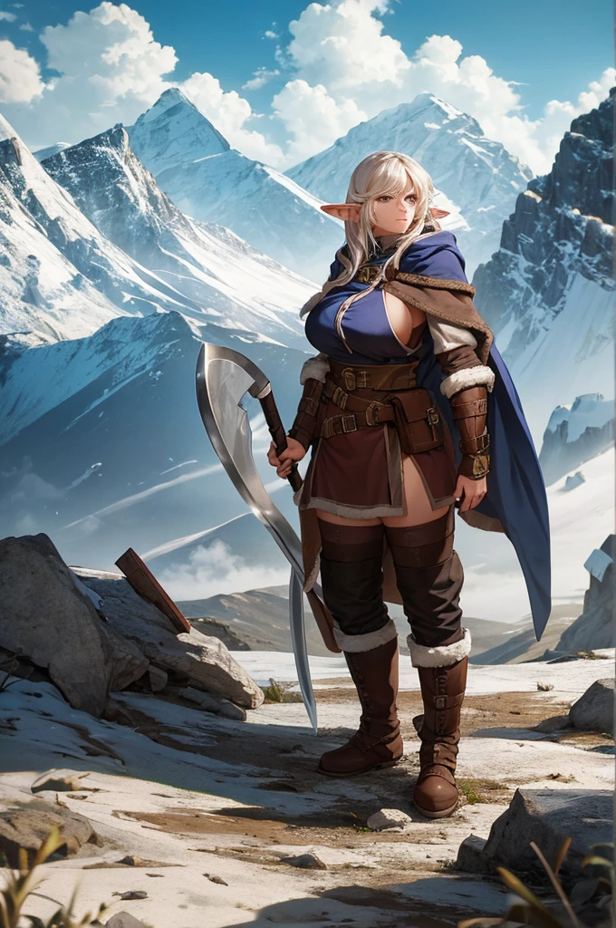 elf, dnd, north, mountains, with axe, winter, one person, (male), (press cubes), big booba

