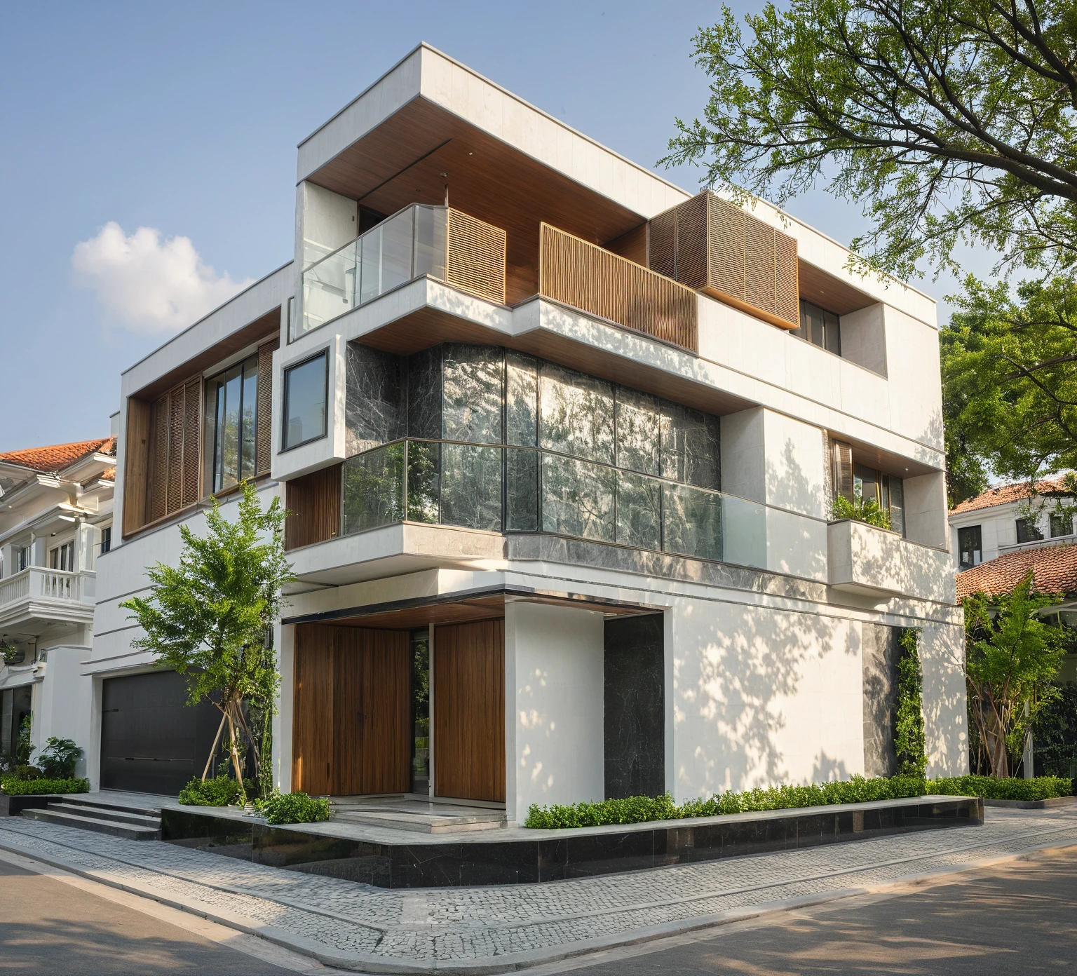 modern villa on street, (daylight), tropical tree, vivid colour, streetcapes, white tone, white wall, large glass door, warm interior lighting, wood and marble, best quality, 17ArchiAI_XL_VL-v1
