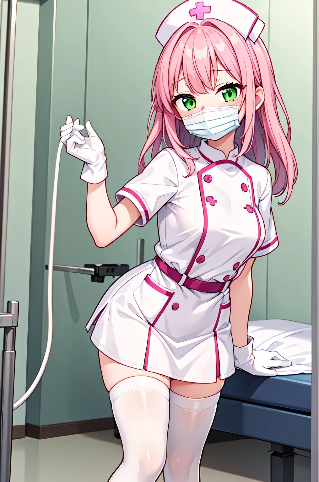 1girl, solo, nurse, white nurse cap, white nurse uniform, ((white legwear, zettai ryouiki)), white gloves, pink hair, green eyes, drooping eyes, ((white surgical mask, covered nose)), standing, ((hospital room)), sharp outline, short sleeves, best quality, masterpiece