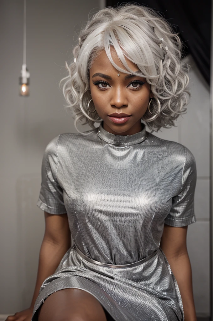 black American hair model girl, short tube silver color frock, makeups, lipstick, eye lashes, curly white  hair, modeling poses