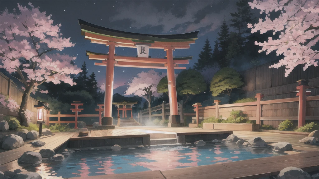Cute art style, open-air bath, small torii gate, hot spring, evening, cherry blossoms, illustration, background only, Looking down