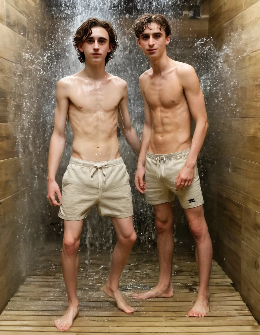 Timothée Chalamet, sweaty teen boy, in water, in swiss  sauna, no clothing, far from camera, whole body, braces, age 19, wavy tiktok hair, boxer, bare feet, wearing no t-shirt topless, swiss thermal baths, short fine armpit hair, flexing, in the water, veiny arms, cute, tall, lean, not muscular, wispy pubes, muscular teen boy masterpiece, high resolution, feet visible, no shoes, very dirty feet, skinny, tall, foot fetish, tall boy, teen boy, braces, best quality, sticky armpit hair, sticky, glue on floor, wet floor, sticky clothes, drops on underwear, drops on shorts, sticky on shorts, drops on floor, sweaty face, sweaty hair, Dune by Herbert, Science fiction