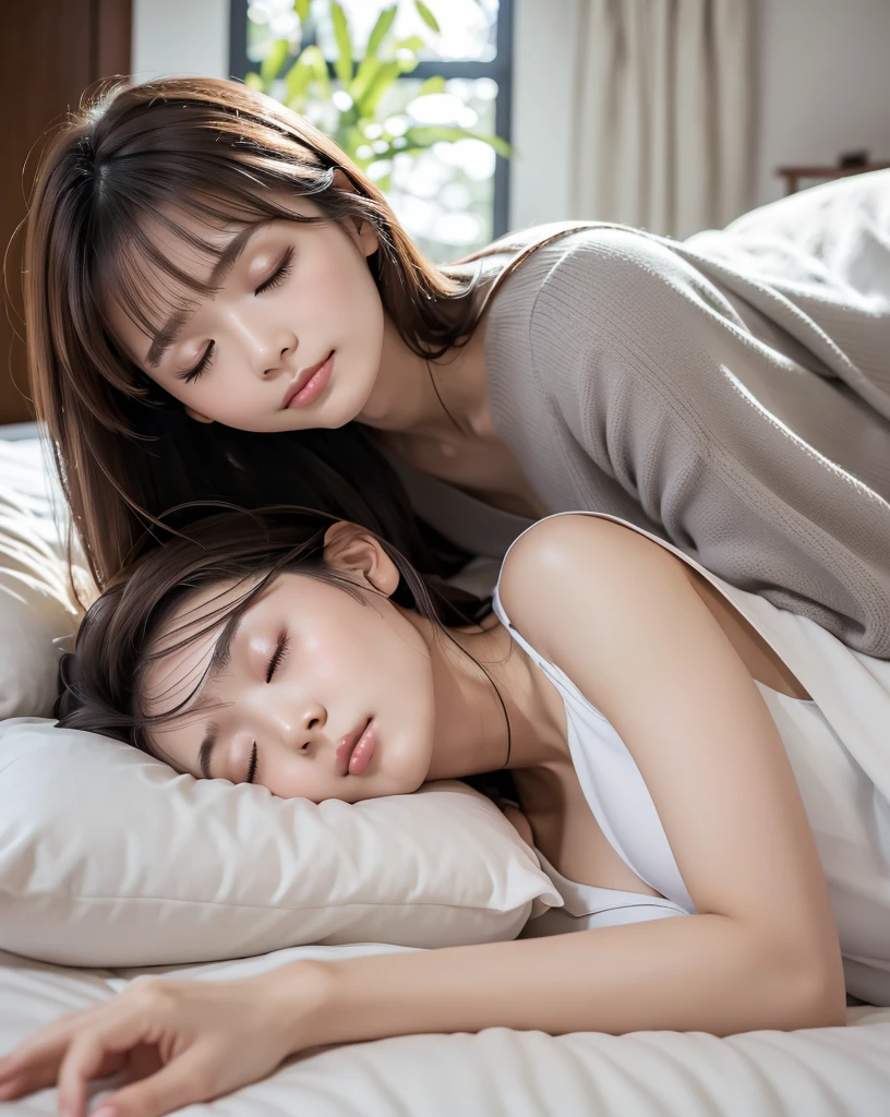 (Highest quality, 32k, High resolution, Masterpiece:1.5, ), marimo_jet, god々A photograph with brilliant dazzling and healing power., Evoking a sense of calm and elusive beauty, Expressing emotions, Have a rich imagination,Beautiful Japanese Girls, ((One person:1.7)), ((Sleeping in bed:1.4)), An exceptionally beautiful face, Small Face Beauty, Perfect Human Anatomy, Motherhood and generosity, Deep Love, Innocent sleeping face, Close ~ eyes, Shiny brown hair, Intricately detailed long hair, Asymmetrical bangs, Hair between the eyes, Transparent, soft white skin, Sharp eyebrows, Thin lashes, No makeup, Pale pink detailed lips, , ((Grey camisole:1.2)), High resolutionの完璧な鎖骨, High resolutionの美しい胸元, Slim figure with ample breasts, High resolutionの美しい太もも, ((A bright room with morning sunlight streaming in:1.3)), ((White bed:1.3)), Professional Lighting, Professional photographer, Professional models, god秘的