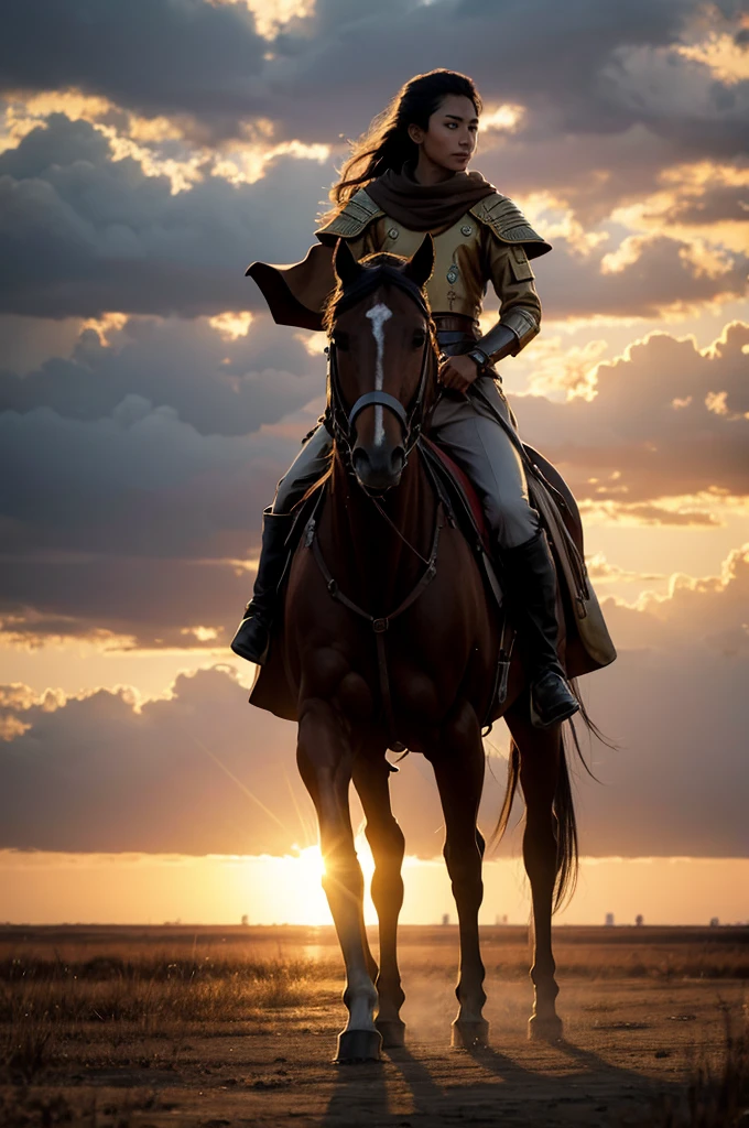 Golden Horse Walking on the Plain,sad,Look into the distance,Sunset,coastal,Character Concept Art,8k quality,illustration,Wide-angle lens,Realistic details,Atmospheric one
