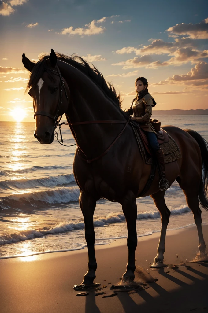 Golden Horse Walking on the Plain,sad,Look into the distance,Sunset,coastal,Character Concept Art,8k quality,illustration,Wide-angle lens,Realistic details,Atmospheric one