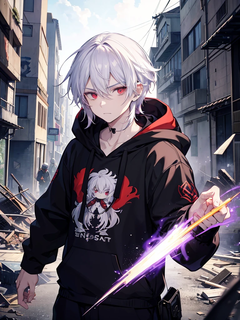 A front of a young man with white hair, red eyes and masculine face. Wearing a black hoodie with purple details. he is in a destroyed city, totally empty. Dungeons and Dragons art direction, studio ghibli Style, light brushstrokes