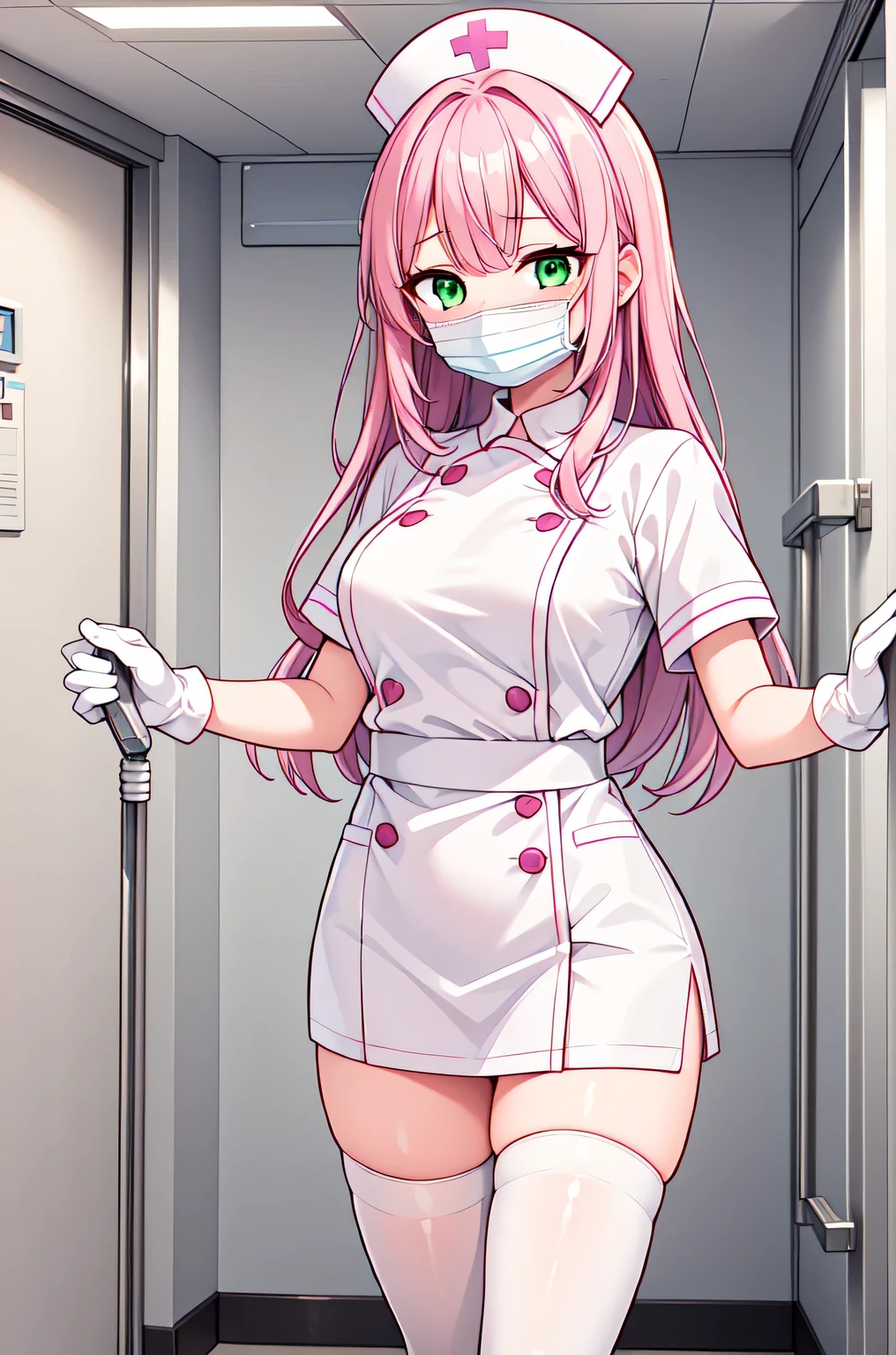 1girl, solo, nurse, white nurse cap, white nurse uniform, ((white legwear, zettai ryouiki)), white gloves, pink hair, green eyes, drooping eyes, ((white surgical mask, covered nose)), standing, ((hospital room)), sharp outline, short sleeves, best quality, masterpiece