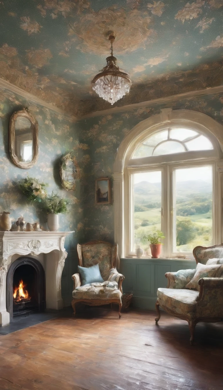 A view of the countryside from the living room of an old house、Ultra-detailed landscapes、Portrait Photography、 Highest quality, Highly detailed 8k wallpaper, Beautiful details