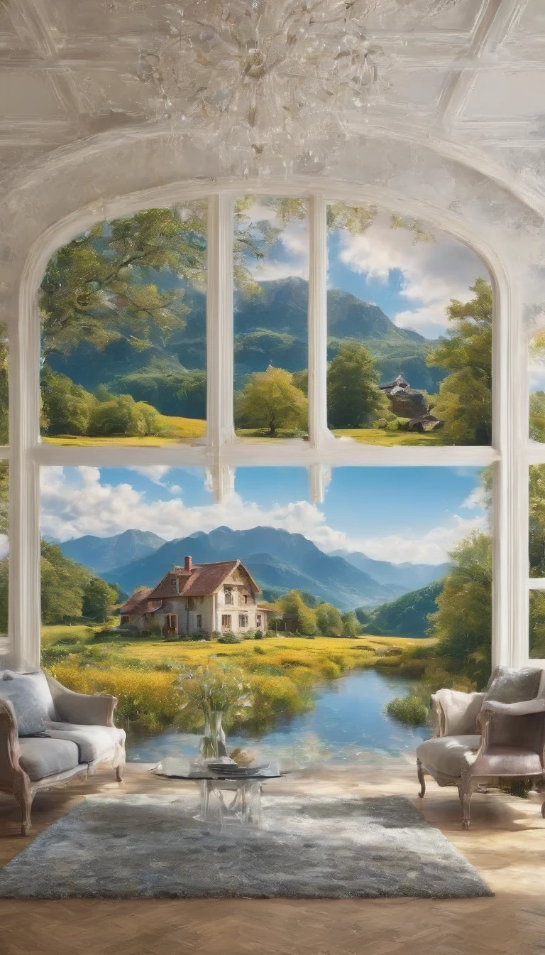 A view of the countryside from the living room of an old house、Ultra-detailed landscapes、Portrait Photography、 Highest quality, Highly detailed 8k wallpaper, Beautiful details