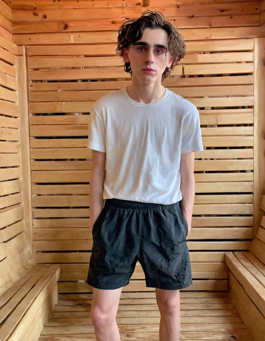 Timothée Chalamet, sweaty teen boy, in water, in swiss sauna, no clothing, far from camera, whole body, braces, age 19, wavy tiktok hair, boxer, bare feet, wearing no t-shirt topless, swiss thermal baths, short fine armpit hair, flexing, in the water, veiny arms, cute, tall, lean, not muscular, wispy pubes, muscular teen boy masterpiece, high resolution, feet visible, no shoes, very dirty feet, skinny, tall, foot fetish, tall boy, teen boy, braces, best quality, sticky armpit hair, sticky, glue on floor, wet floor, sticky clothes, drops on underwear, drops on shorts, sticky on shorts, drops on floor, sweaty face, sweaty hair, Dune by Herbert, Science fiction
