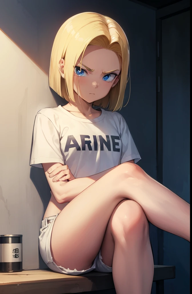 Android 18,Sitting with legs crossed,Face down,White shirt,Beige shorts,barefoot,blue eyes,Add eyebrows,Shabby apartment room,dark,Lonely face,shy,Sad face,