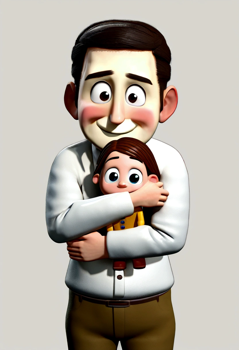 A happy Jesus Christ boy with accomplished standing hair, White background, the , tom, Pixar-style, ..3d, Cartoon s, face detailed, asymmetric 16k, with a woman of about 16 years old, shorth hair, curly, brown and white skin, hugging 