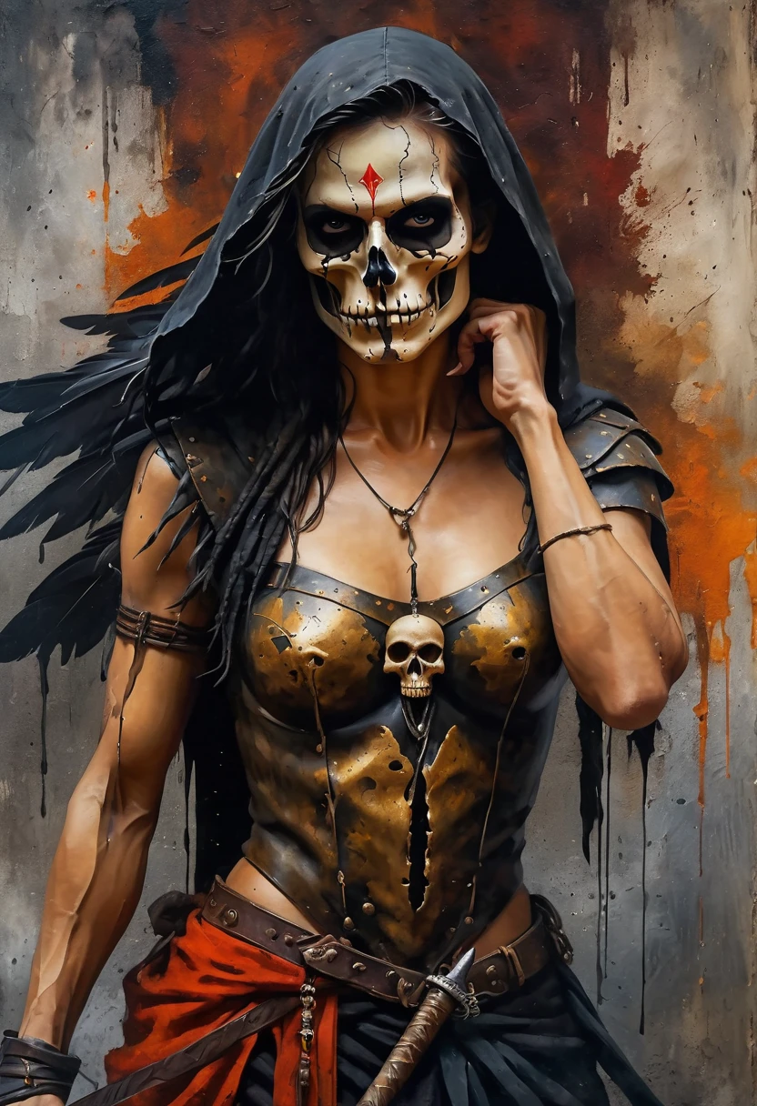 (best quality,4k,8k,highres,masterpiece:1.2),ultra-detailed,(realistic,photorealistic,photo-realistic:1.37),oil painting,colorful,brush strokes,dramatic lighting,horror,skull man warrior,aged paper,aesthetic,dripping ink,gritty texture,dark and moody atmosphere,detailed facial features,expressionless face,intense gaze,weathered armor,worn out sword,ancient runes,crow feathers,ominous background,grim reaper vibes,haunting,creepy,macabre,vintage style,monochrome with sepia tones,contrast,depth,texture,old world charm,subtle decay,aged elegance,cracked paint,weathered detailspeated paint,cracked stone texture,long shadows,dusty appearance,creased edges,sculptural quality