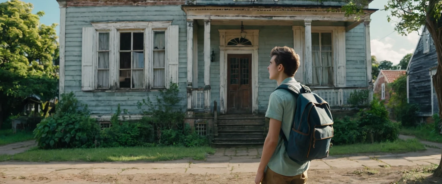 A young male student, around 22-24 years old, is standing in front of an old Dutch colonial-style house. He is wearing a simple outfit with a backpack, looking at the house with curiosity. The house has faded walls, old wooden windows, and a sturdy but worn front door. The street has a few other houses indicating a student neighborhood. The scene is set on a bright and sunny day with some clouds in the sky. The image should be super detailed, extra realistic, cinematic, capturing the sense of curiosity and historical charm. (8k)