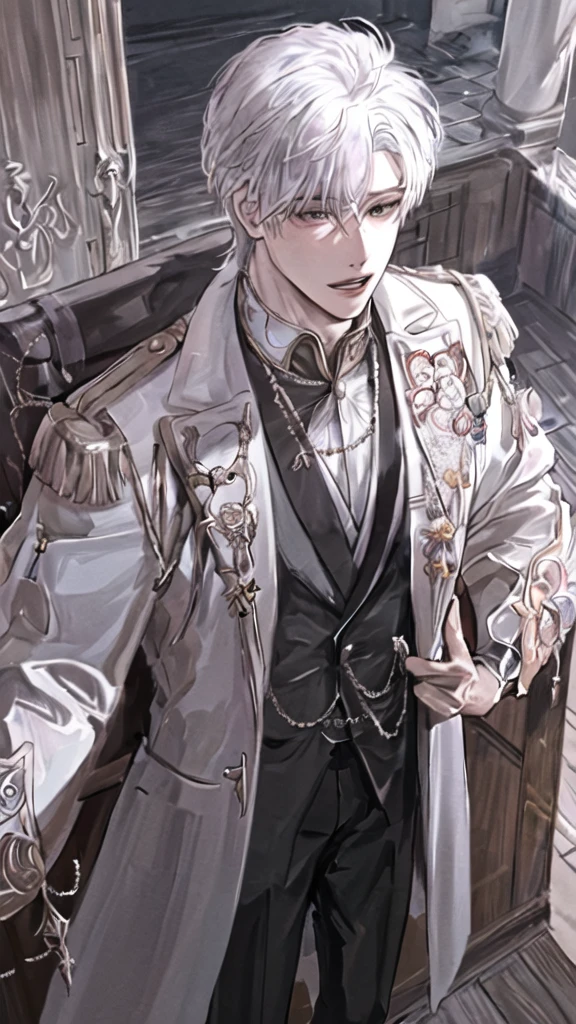 anime boy with white hair and black jacket , boy with white hair, prince, wearing gold jewelry, ducal clothes, in a castle, standing figure, brown eyes, elegant