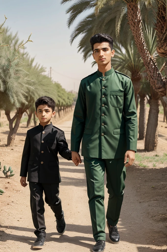 A boy with his father he ware black shoes and green uniform red tarboosh they were walked along a street lined with gardens both side were extensive fields planted crops prickly pears henna trees and few date palms