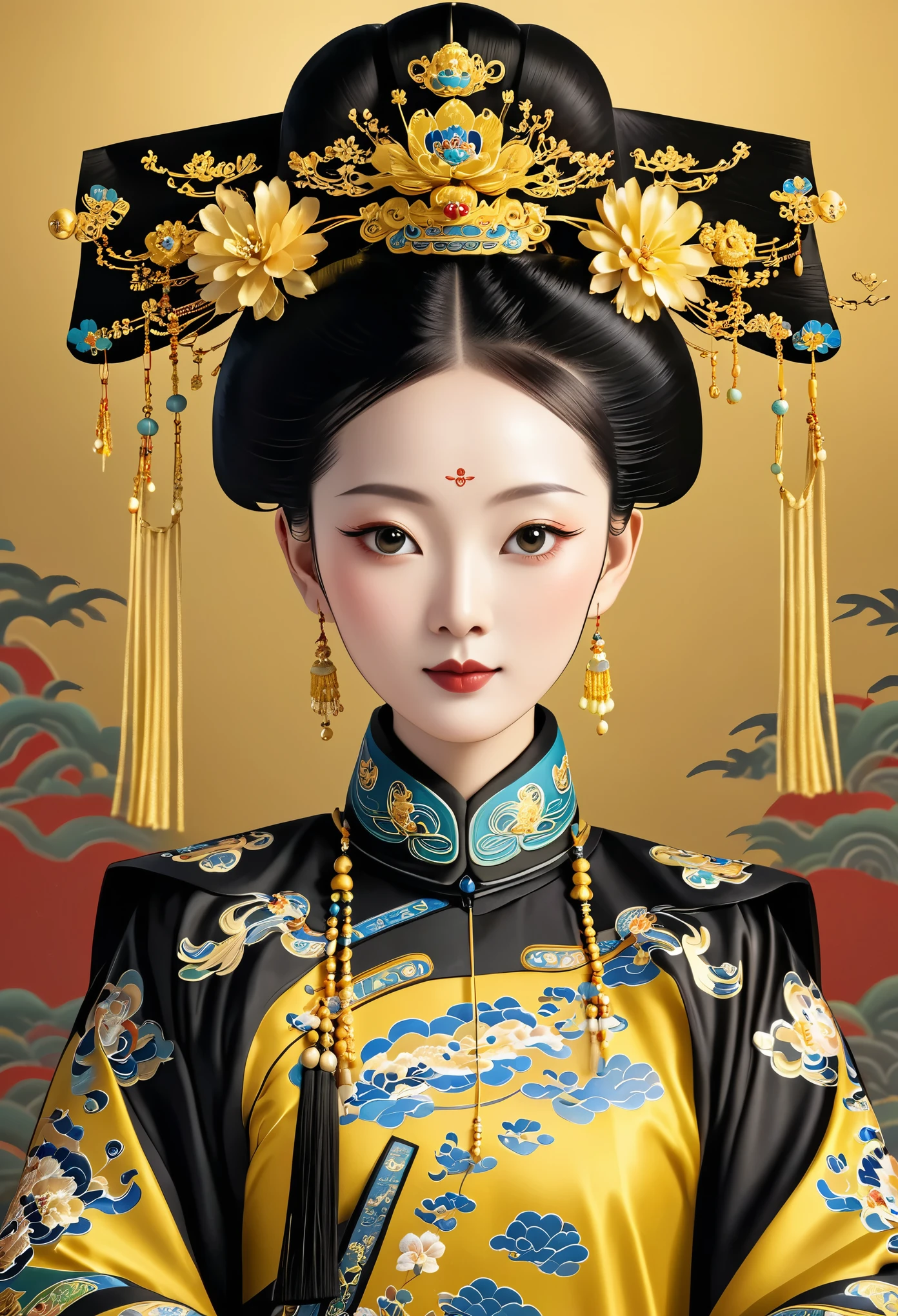 a serene portrait of a girl, symmetrical, round face, bright eyes, smooth skin, graceful and noble, opulent, ornate black and golden attire, Qing dynasty imperial headdress, regal, Chinese emperor, high chignon, lavish golden crown, tassels, palace, clean background