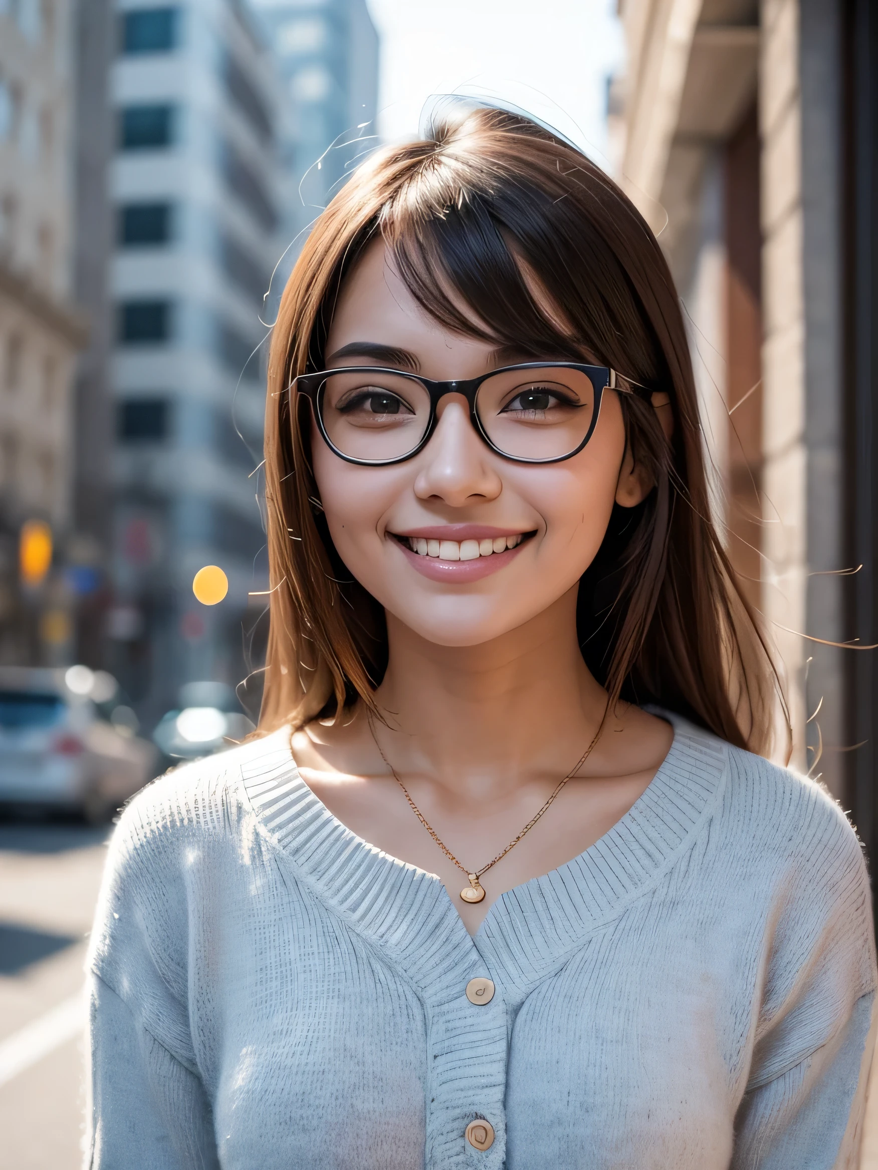 A girl with a specs and have a medium size nose and she is smiling