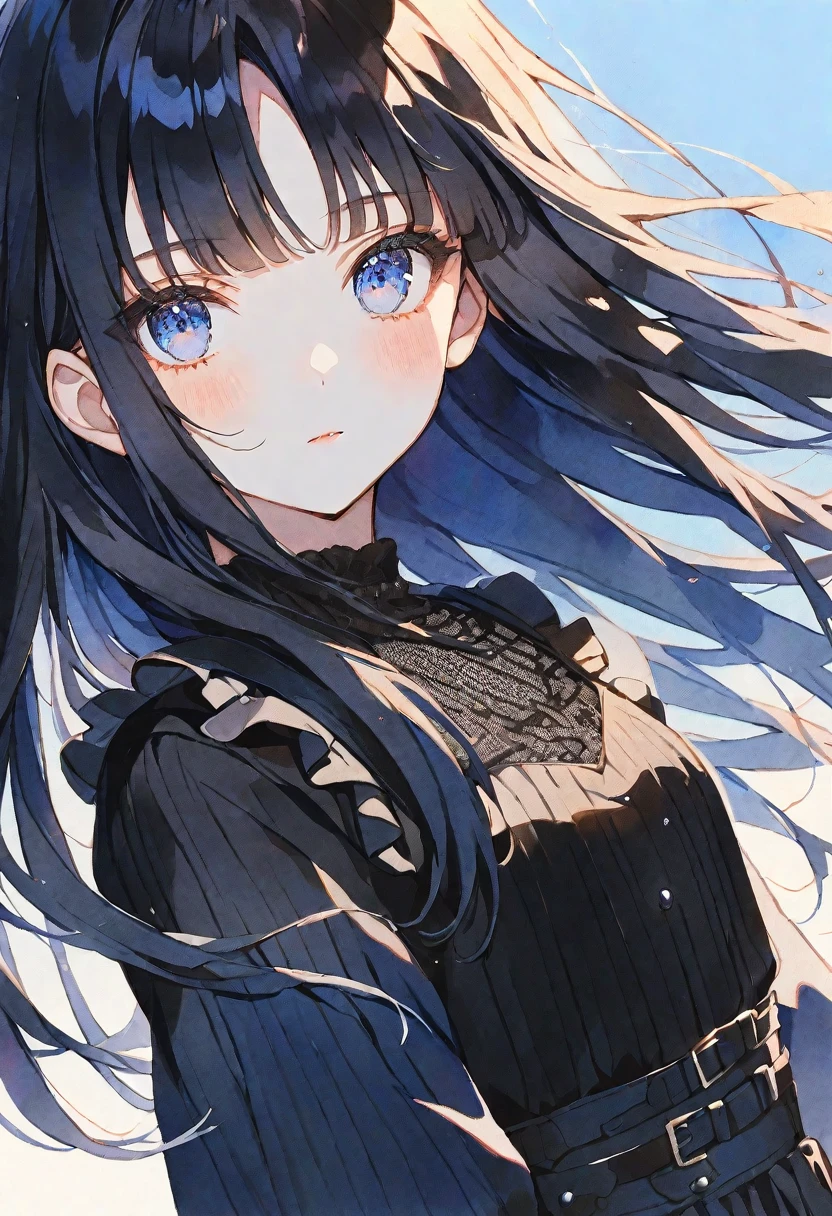 solo, Watercolor,
1. Female,
Hime cut,Straight Hair,long Hair, black hair, 
blue Eyes,Soft look,Lolita,18 years old,
black ワンピース,Thin knit,stylish,
skin,
blue background,