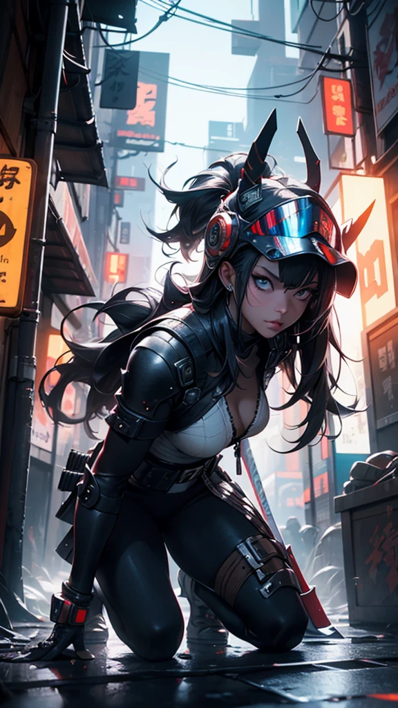 Hyperrealistic version of a woman kneeling down with a sword in her hand, very beautiful cyberpunk samurai, anime cyberpunk art, cyberpunk samurai, cyberpunk anime art, anime cyberpunk, cgsociety 9, digital cyberpunk anime art, style of maciej kuciara.1girl, samurai armor, helmet oni evil mask,intricate, ornaments detailed, cold colors, metal, egypician detail, highly intricate details, realistic light, trending on cgsociety, glowing eyes, facing camera, neon details, ultra realistic details, portrait full body, japanese atmosphere, global illumination, shadows, octane render, 8k, ultra sharp.cool lolita.