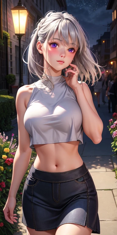 Realistic, One girl, Gray Hair, Purple eyes, Glowing Eyes, Crop top, skirt, Part your lips, blush, night, Flowers, sun, sunlight,