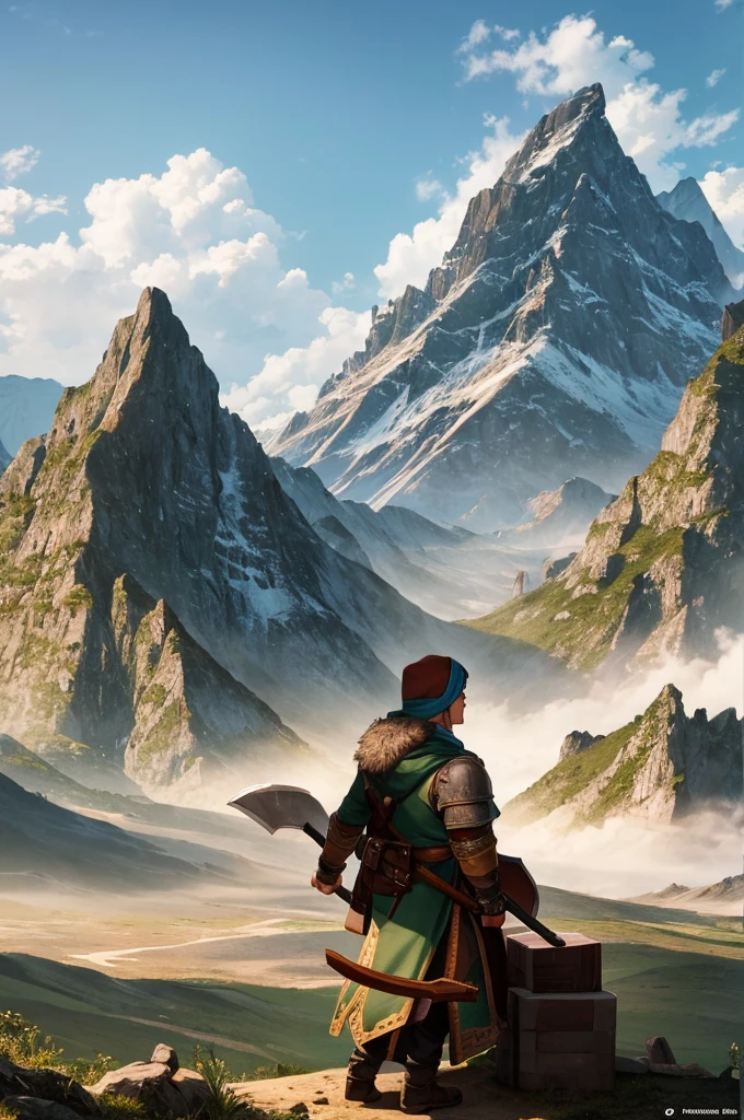 elf, dnd, north, mountains, with axe, winter, one person, (male), (press cubes), big booba

