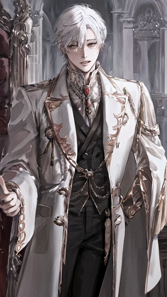 anime boy with white hair and black jacket , boy with white hair, prince, wearing gold jewelry, ducal clothes, in a castle, standing figure, brown eyes, elegant