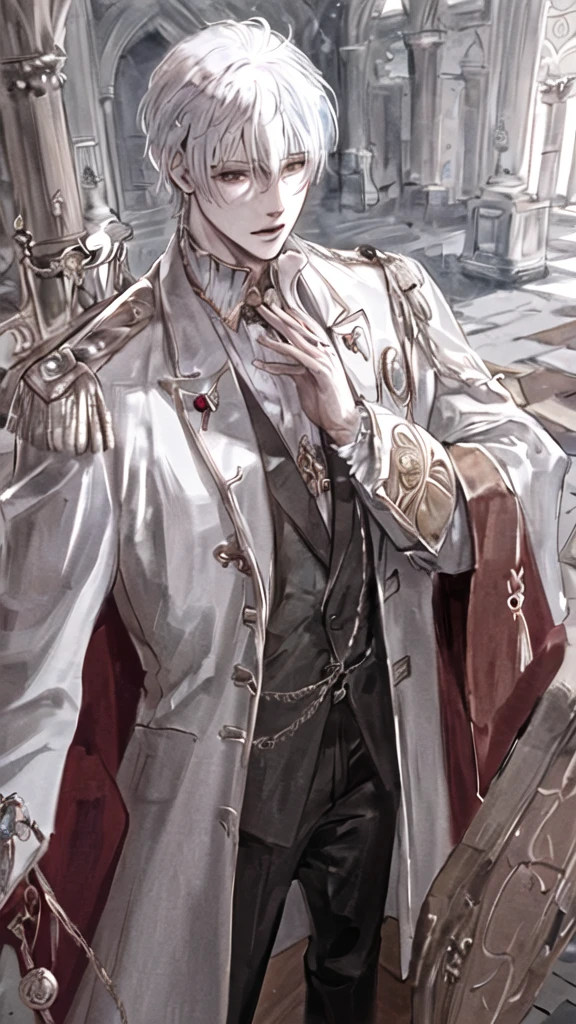 anime boy with white hair and black jacket , boy with white hair, prince, wearing gold jewelry, ducal clothes, in a castle, standing figure, brown eyes, elegant