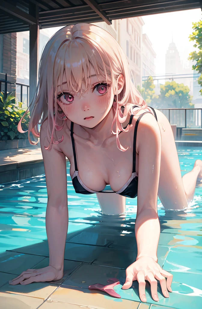 crawl on all fours、crawl on all fours、swimsuit、Light cream colored hair、Pale pink eyes、Medium Hair　、Blushing、Small breasts、Small breasts、Black Bikini、lipstick、Perfect hands、Detailed hands、Poolサイド、Pool、one-piece swimsuit, strap slip、backwards、、backwards