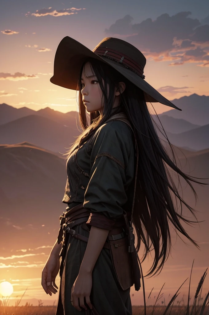 Plains行走的金色马,sad,Look into the distance,Sunset,Plains,Character Concept Art,8k quality,illustration,Wide-angle lens,Realistic details,Atmospheric one