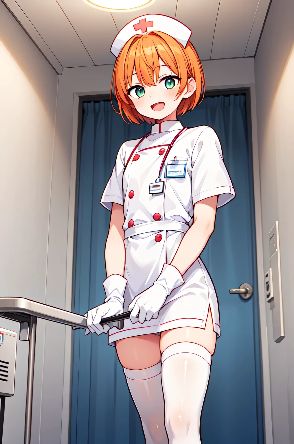 1boy, solo, male focus, nurse, white nurse cap, white nurse uniform, ((white legwear, zettai ryouiki)), white gloves, short hair, orange hair, smile, open mouth, standing, ((hospital room)), sharp outline, short sleeves, shota, 12 years old, best quality, masterpiece