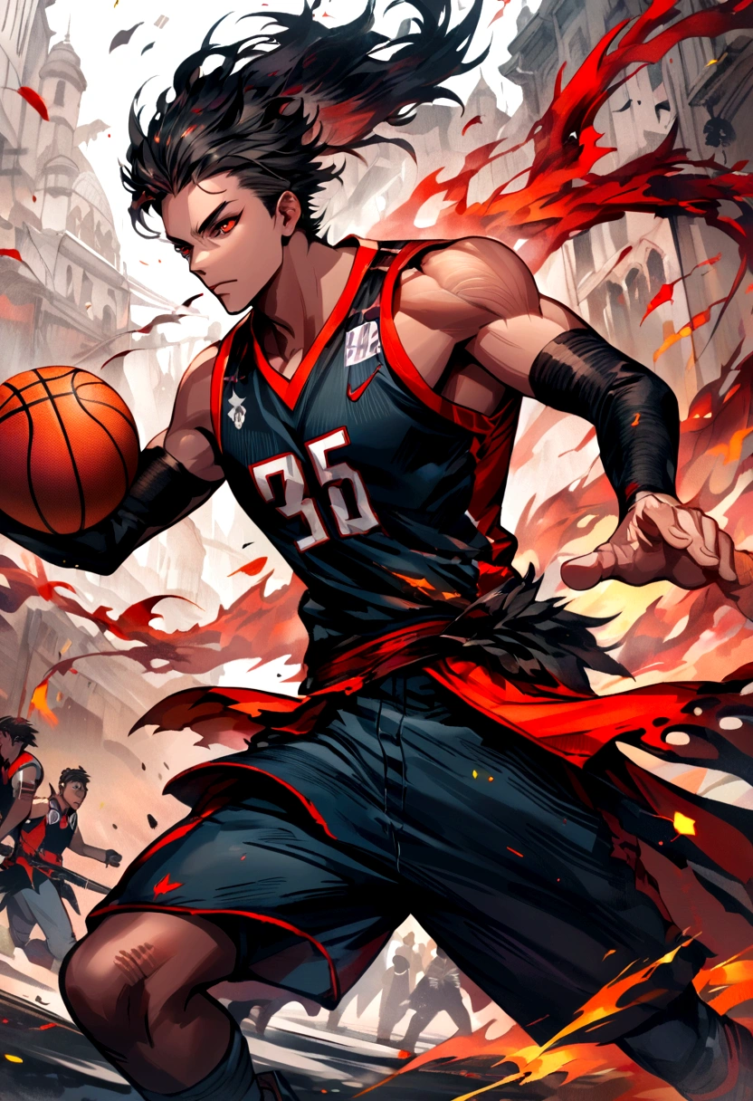 Oil painting style，basketball player，Shooting action，Vibrant colors，Elbow