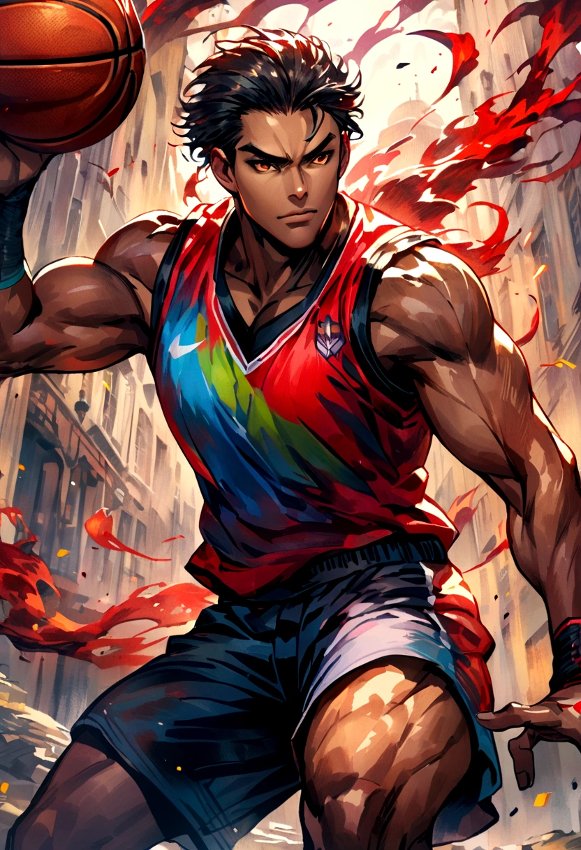 Oil painting style,basketball player,Shooting action,Vibrant colors,Elbow