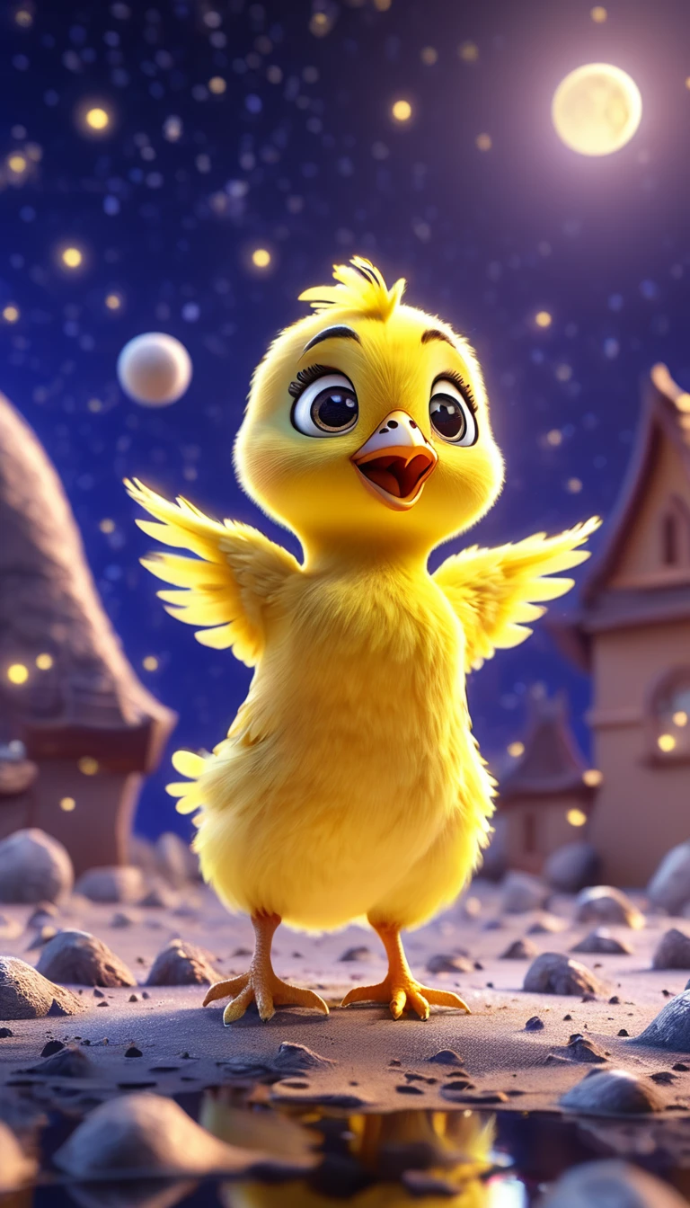 cute yellow chick, standing on moon,cartoon,arms, , cute eyes, looking at viewer, hands up, effects background, particles
