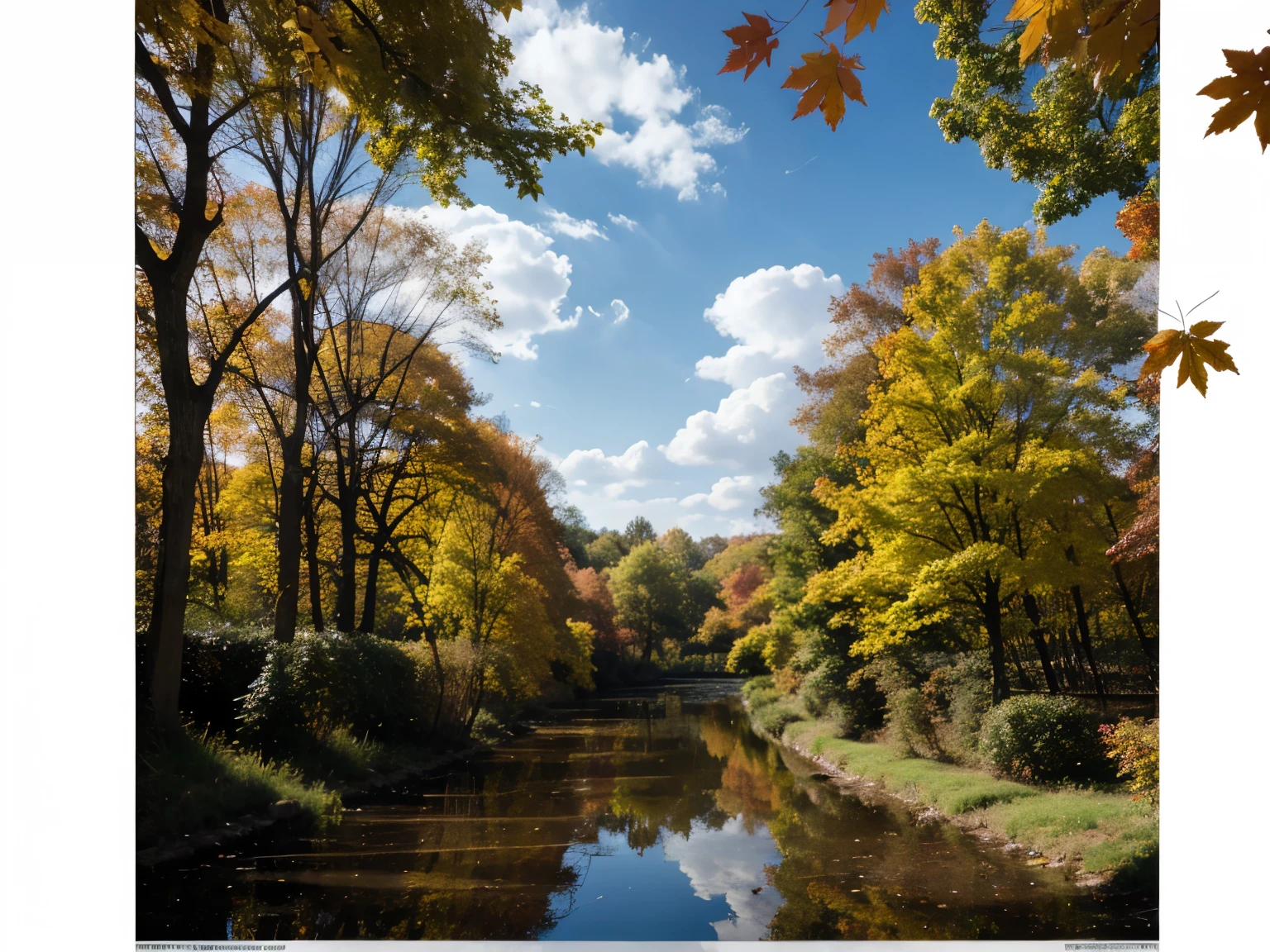 Wallpaper, standing autumn, maple leaves, trees, sky, white clouds, HD detail, wet watermark, hyperdetail, film, surrealism, soft light, deep field focus bokeh, ray tracing, diffusion (ultra-fine glass reflection) and surrealism.