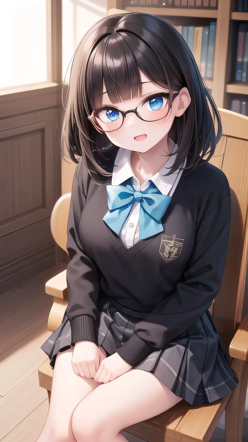 solo girl, 20 years old,sitting on chair,blunt bangs,medium hair,black hair,blue eyes, small breast,glasses,evil laugh,scorn,head tilt,long sleeves shirts,bowtie,pleated skirt,library,insanely detailed, absurdres, ultra-highres, ultra-detailed, best quality, slender, kawaii, perfect symmetrical face, ultra cute girl, ultra cute face, ultra detailed eyes, ultra detailed hair, ultra cute, ultra beautiful,masterpiece,incredibly absurdres,high detail eyes