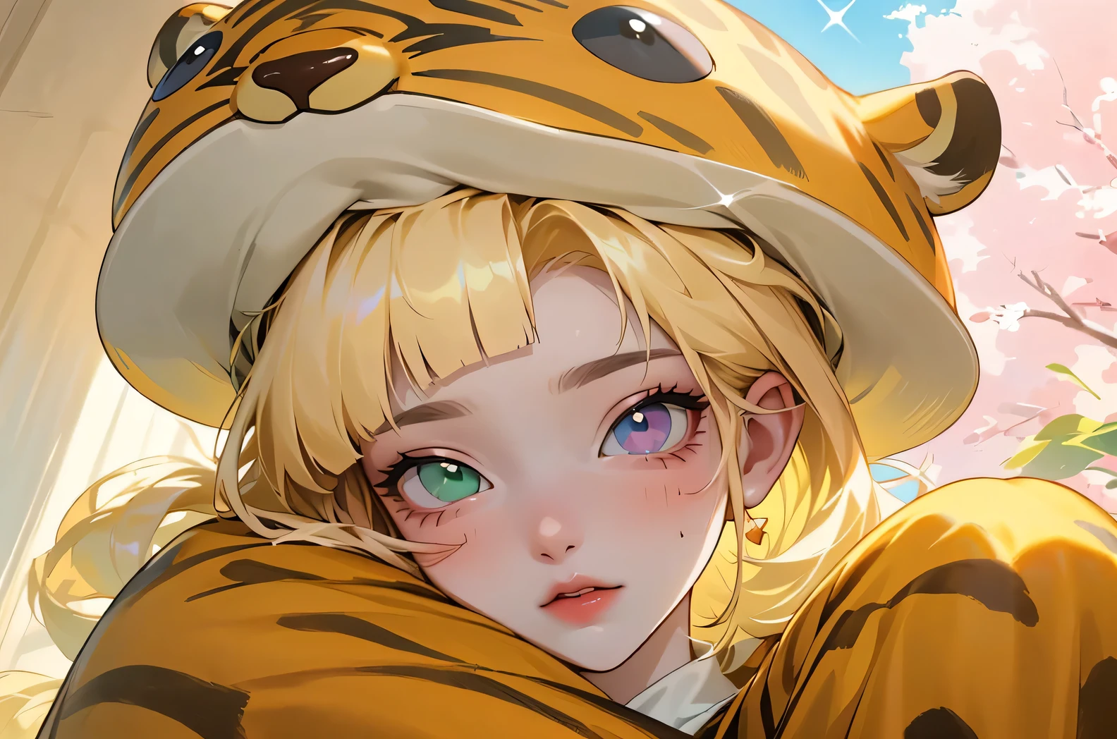 (high quality) (Best Quality) (Una Women) (correct physiognomy) (perfect pupils) (Perfect eyes) Women, blonde hair, long collected in two buns with bangs on the forehead, eyes with heterochromia two eyes, one green and one gold eye, sensitive lips, female appearance, soft facial features, thin eyebrows, soft skin, rosy cheeks, pink lips, silky eyelashes, dreamy expression, middle age, youth clothing, glitter sweatshirt with tiger print and hat, photo illuminated by sunlight, Women en un campo de girasoles