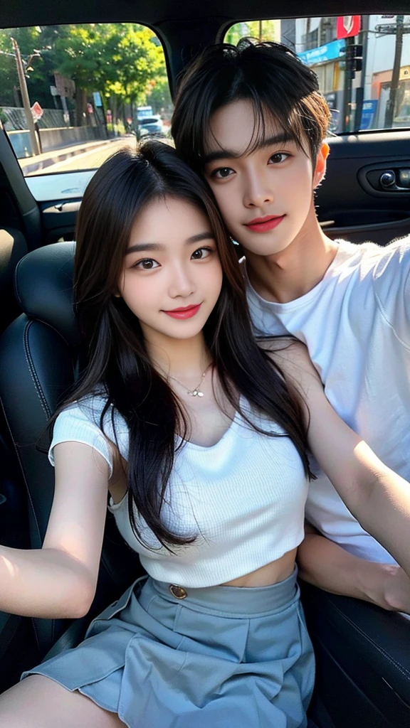 (((sfw : 1.0))), (realistic), (intricate details:1.2), (masterpiece:1.3), (top quality:1.4), (Ultra A high resolution:1.2), 8K resolution, very detailed expression, (high quality), complete anatomy, natural anatomy, full body photo, everyday scene, (handsome korean man and beautiful korean woman are driving for summer vacation :1.4), (going trip: 1.3), (happy expression each other :1.4), (Flutter:1.2), (korean :1.3), (22 years old:1.3), (husband and wife :1.3), husband is on driving (The woman wore mini skirt:1.3), (and the man wore man's wear :1.3), Husband drives a car in the driver's seat, wife takes a playful selfie in the passenger seat.