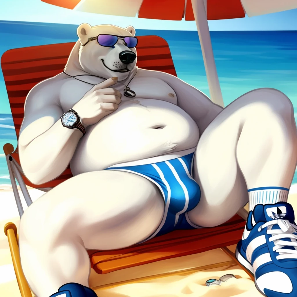 chubby dad male polar bear blue eyes, laying on chair , no clothes , white briefs , watch ,hands on sunglasses , smiling , under sun , spread legs , beach background, sunlight, adidas shoes white socks , high quality , drawing