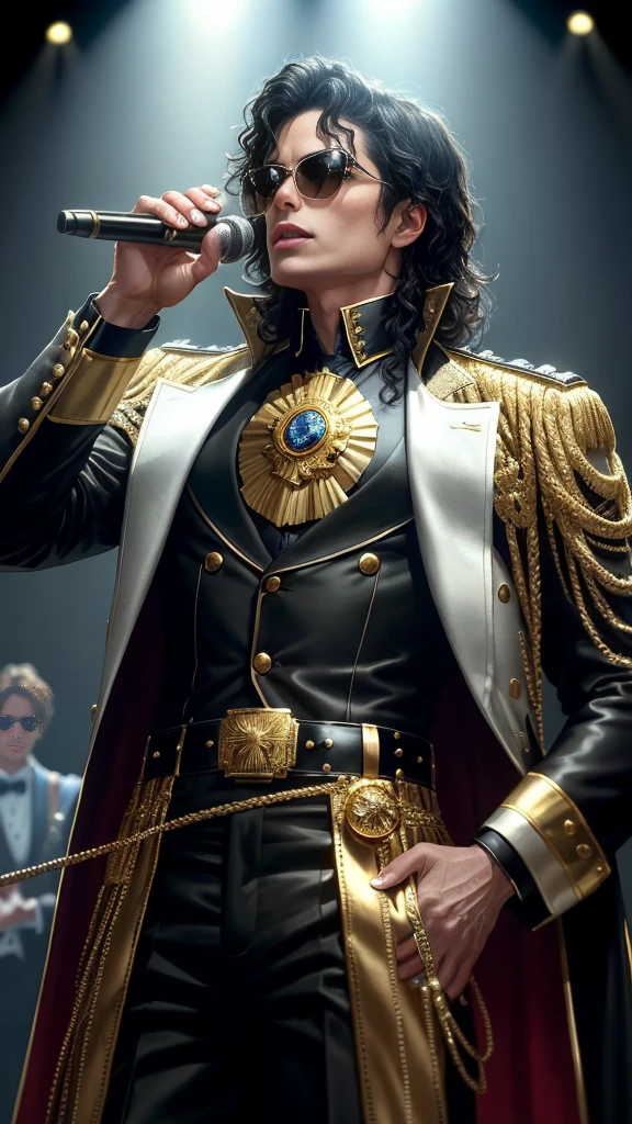 Downward view,Michael Jackson concert,tmasterpiece,8K,high definition resolution,cinmatic lighting,theater,lamplight,perform,Michael jackson,((microphones:1.5)),Concert,performance,Fashionable clothes,singers,idoly,Ultra detailed face, ((Ultra-detailed)),((Delicate face)),(high light,Gradient hair), GSHea,Look at the viewer, ((Distant view)), Strong light and shadow, Cinema lenses,tmasterpiece,Super quality,theater stage,Mike Jackson sings through a microphone on stage in a straitjacket, Wear stage costumes, singing on stage,Stylish lenses,michael jackson in a gold outfit and sunglasses, Michael_jackson,with shoulder pads, wearing black uniform, he is a rockstar, regal pose, Gold accents, Michael Jackson's style, gilded black uniform