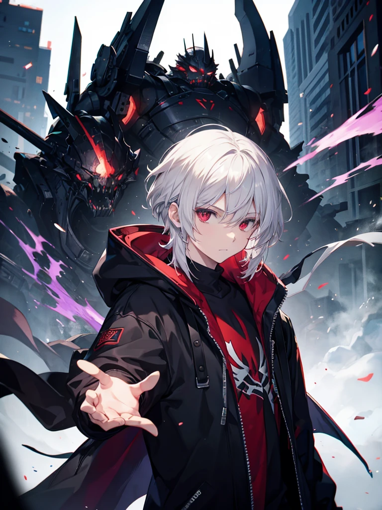A front of a young man with white hair, red eyes and masculine face. Wearing a black hoodie with purple details. he is in a destroyed city, totally empty. Dungeons and Dragons art direction, studio ghibli Style, light brushstrokes