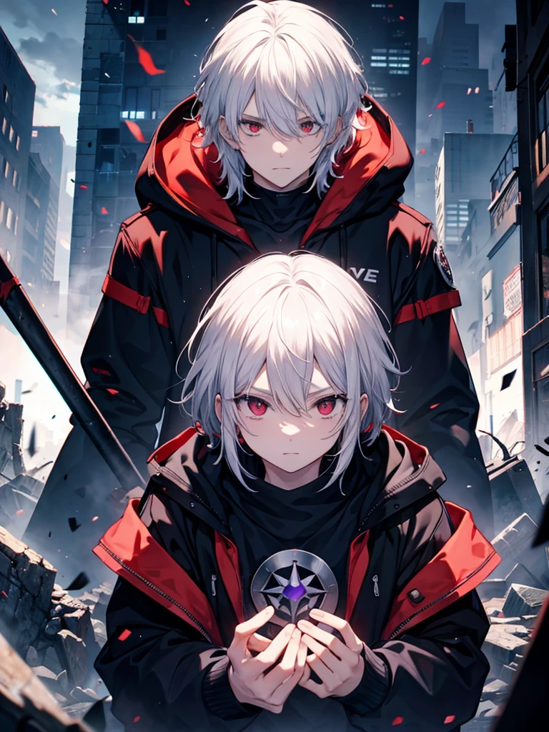 A front of a young man with white hair, red eyes and masculine face. Wearing a black hoodie with purple details. he is in a destroyed city, totally empty. Dungeons and Dragons art direction, studio ghibli Style, light brushstrokes